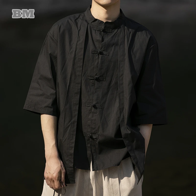 

Summer Chinese Style Fake Two Short Sleeve Shirts Vintage Thin Standing Collar Tops Men Tai Chi Kung Fu Traditional Tang Suit