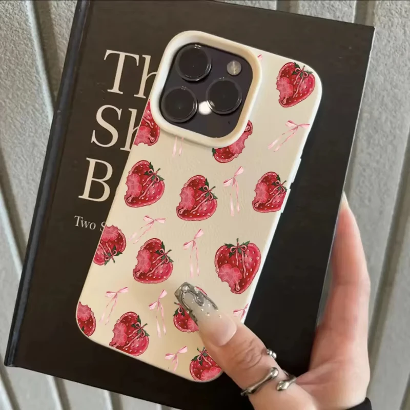 Sweet Pink Bow Strawberry Pattern Shockproof Soft Phone Case