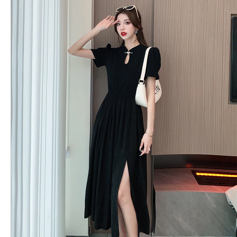 

2023 New Summer Dressed Girl National Wind Improvement Cheongsam Black Forking Retro Temperament Free Shipping