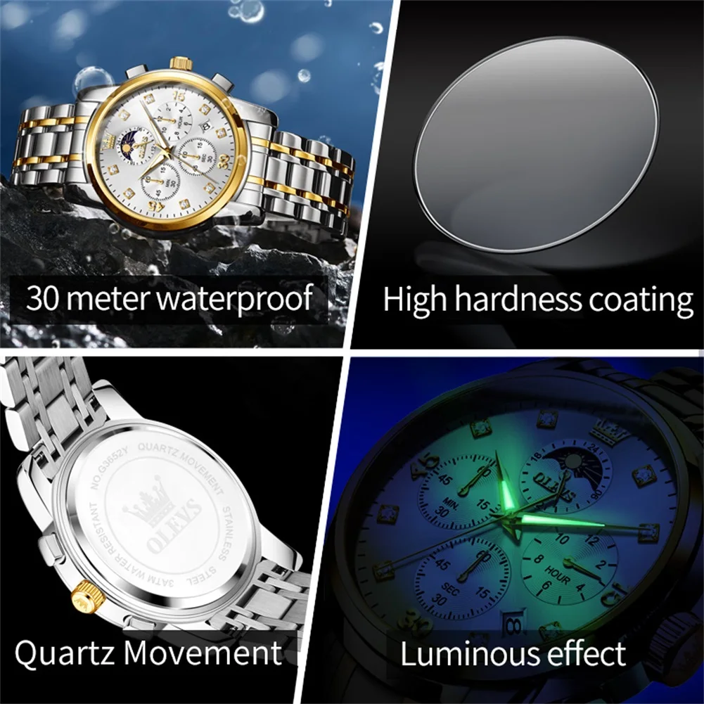 OLEVS 3652 Date Men Watch Luxury Original Quartz Business Wristwatch Chronograph Moon Phase Waterproof Luminous Watch For Men