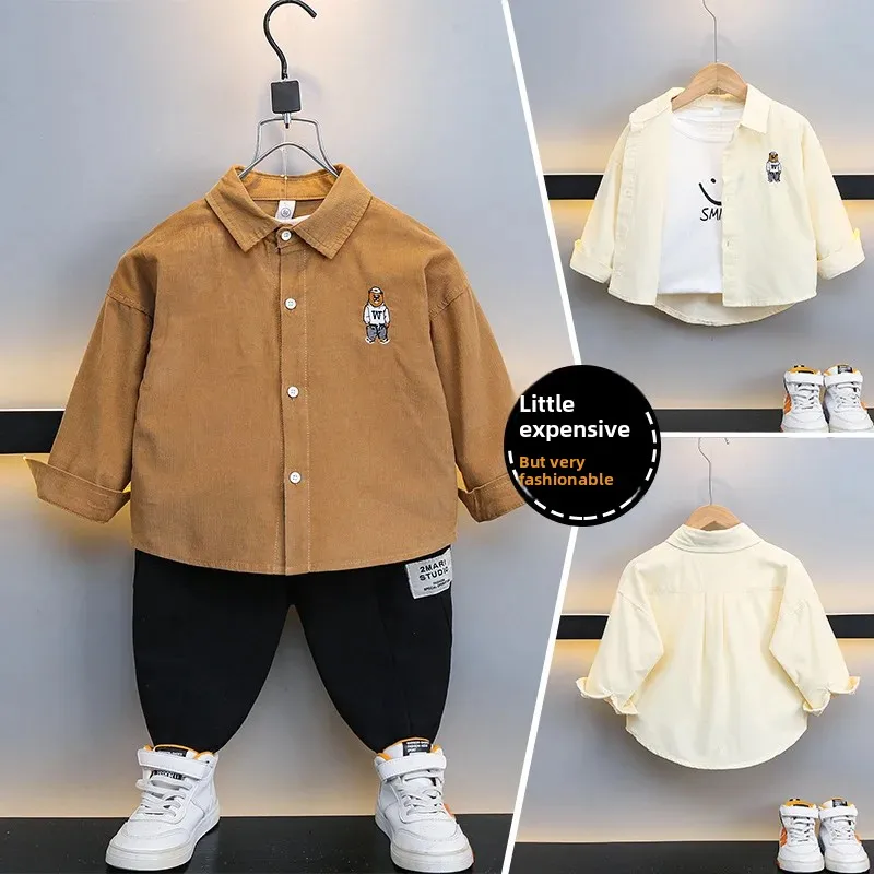 Children's Long Sleeve Shirt Boys' Embroidered Bear Corduroy Jacket Trendy Kids' Clothing Comfortable Soft Material AE Stock