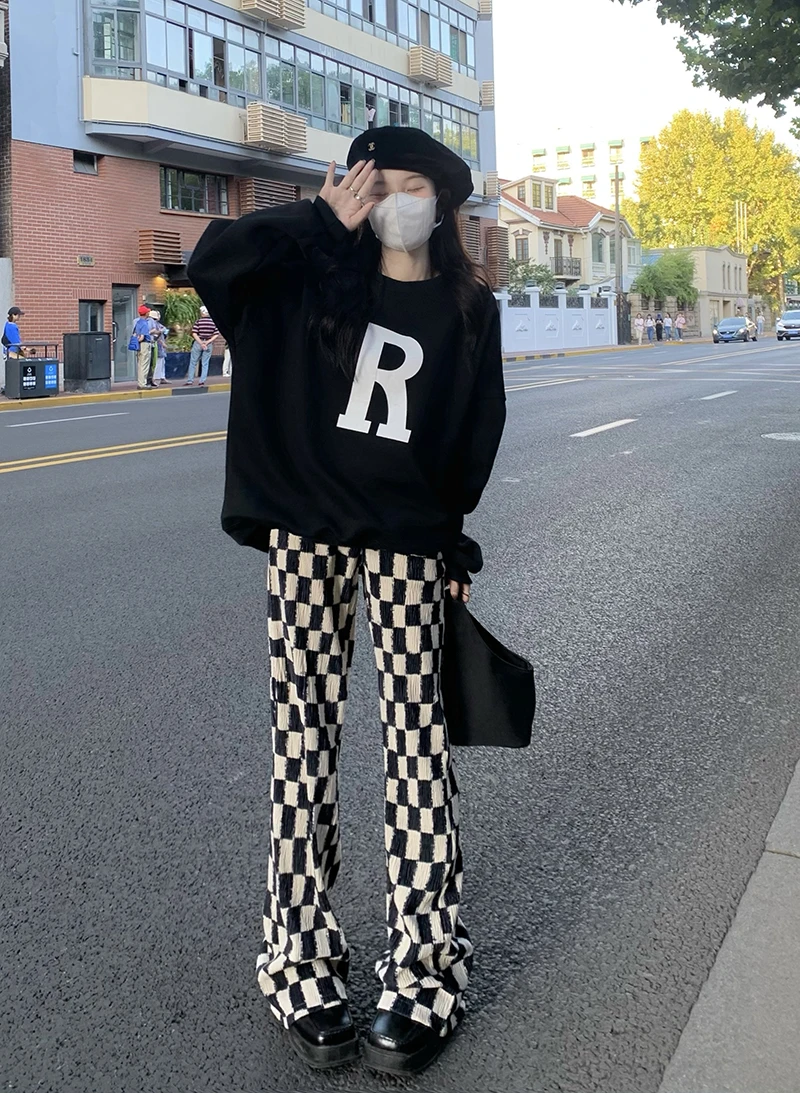 joggers Women's Checkerboard Wide Leg Pants Straight Casual Mopping Flare Pant Streetwear Pantalones De Mujer Bell Bottom Gothic wide leg pants