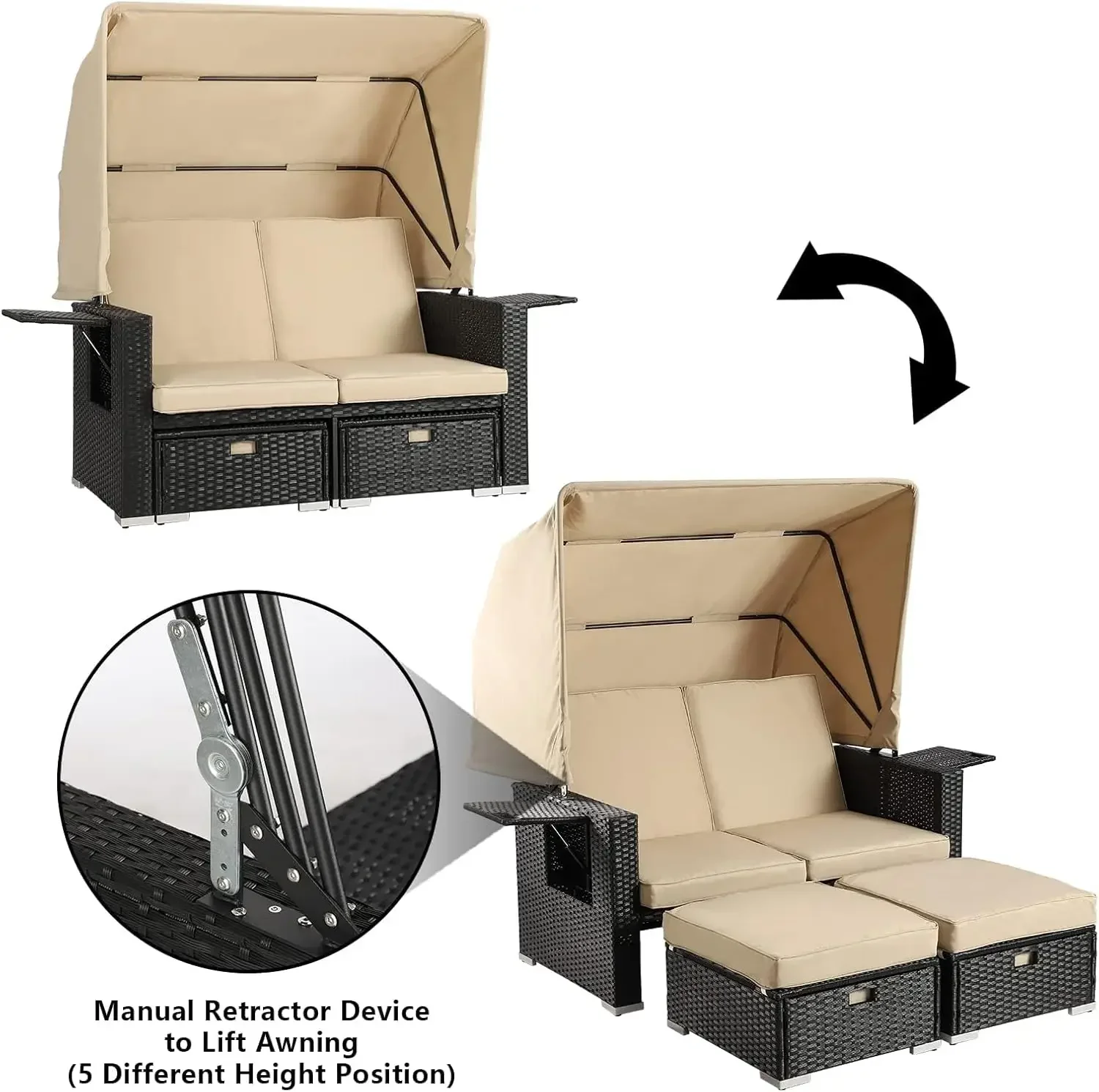 Retractable Canopy Wicker Outdoor Sofa Set with Ottoman 3