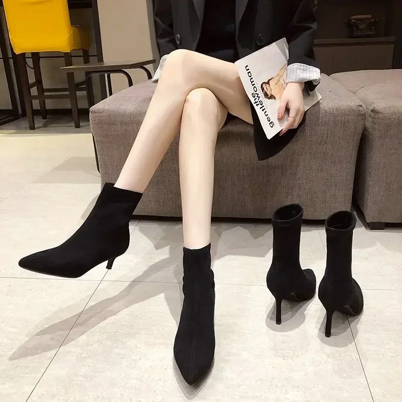 5/7/9CM Luxury Women Black Flock Sock Boots Stiletto Thin High