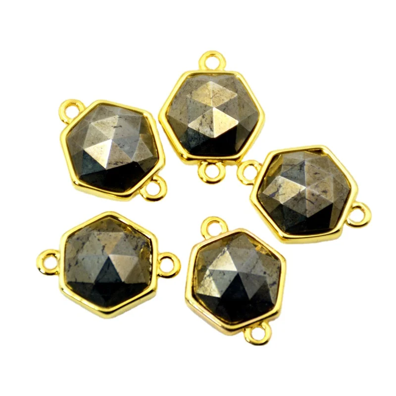 Natural Faceted Pyrite Gold Hexagon Gemstone Connector Really Plating Setting Jewelry Charms Double Bail Pendant | Украшения и