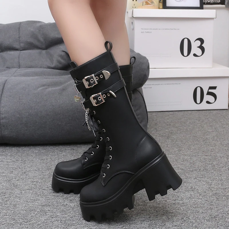 Plus Size 42 Goth Women Shoes 2023 New Women's Boots Chunky Heel Platform Middle Tube Motorcycle Boots Fashion Punk Party Shoes