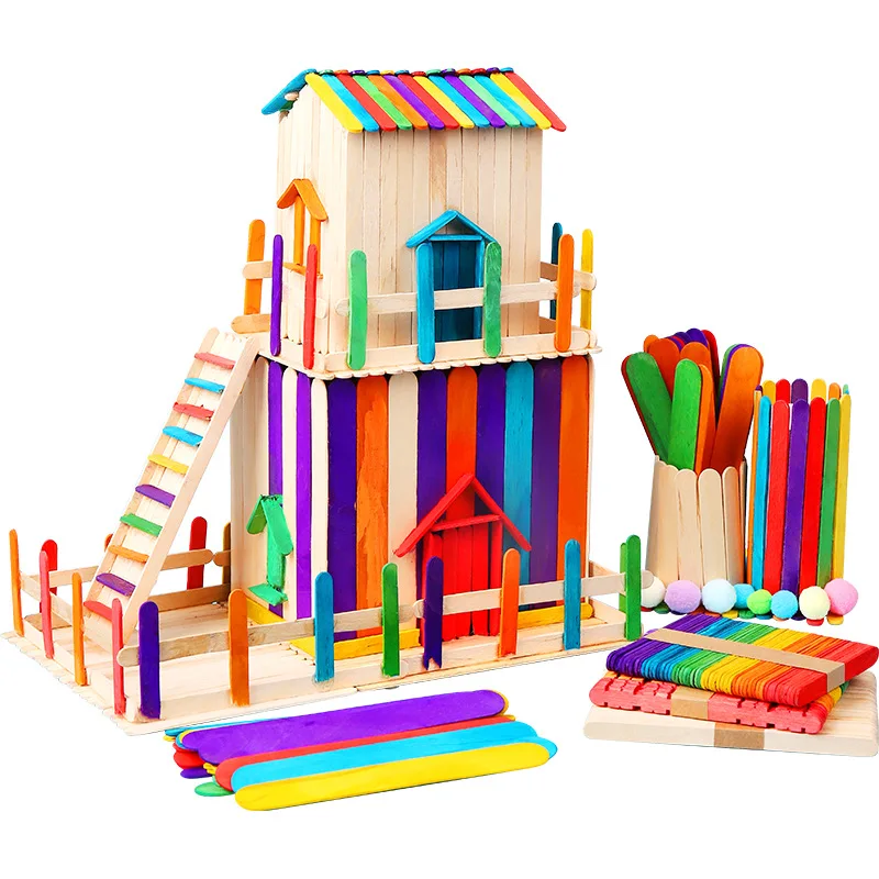 

50pcs/pack Wooden Crafts Art For Children DIY Handmade House Ice Cream Stick Colorful Wooden Gift For Children Craft Toys