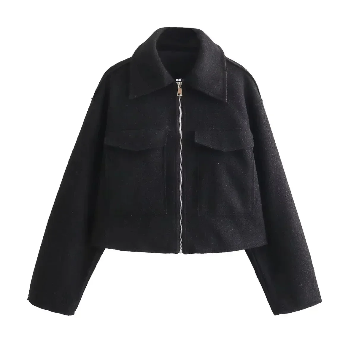 2024 Women's Elegant Solid Coat Zipper Long Sleeve Pocket Bomber Jacket Female Casual Soft Woolen Loose Streetwear Coats 5