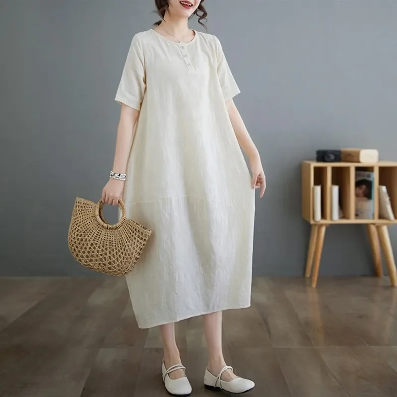 

Женское повседневное длинное платье, Новое поступление 2024, летние однотонные свободные женские праздничные платья-трапеции в винтажном стиле с круглым вырезом WE-1698