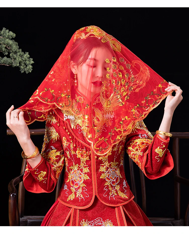 Bridal Red Hijab Wedding Embroidery Translucent Veil Chinese Wedding Hong Gai Tou youlapan v83 luxury bridal veil pearl with flowers wedding veil long with comb 1 tier bride veil short flower chiffon veil