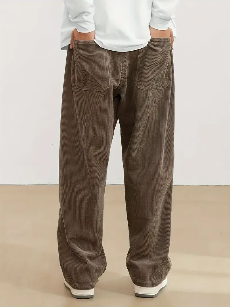 Autumn and winter men's corduroy casual pants with leather label decoration solid color pockets straight leg pants men trousers