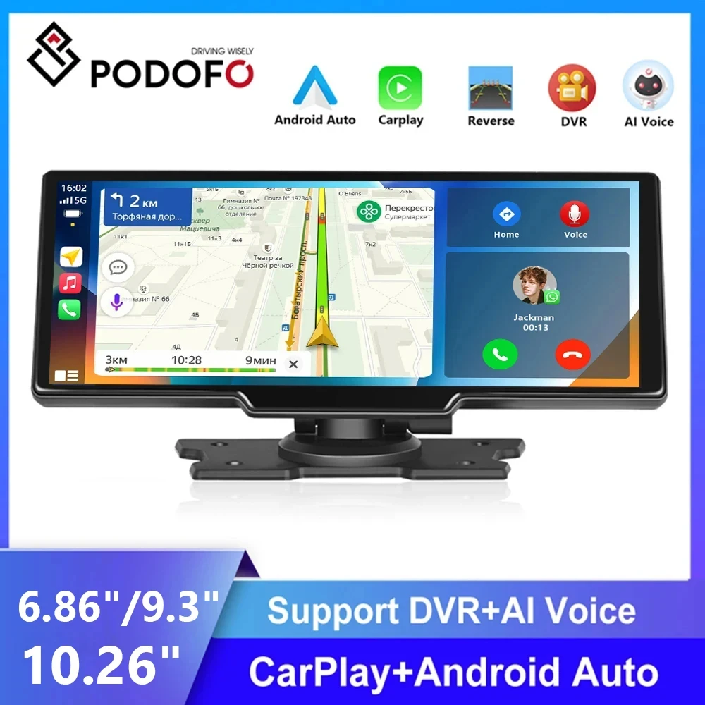 PodoNuremberg-Moniteur de voiture sans fil, caméra de tableau de bord Carplay, caméra de recul, rétroviseur automatique Android, enregistreur DVR pour Nissan, Toyota, 9.3 pouces