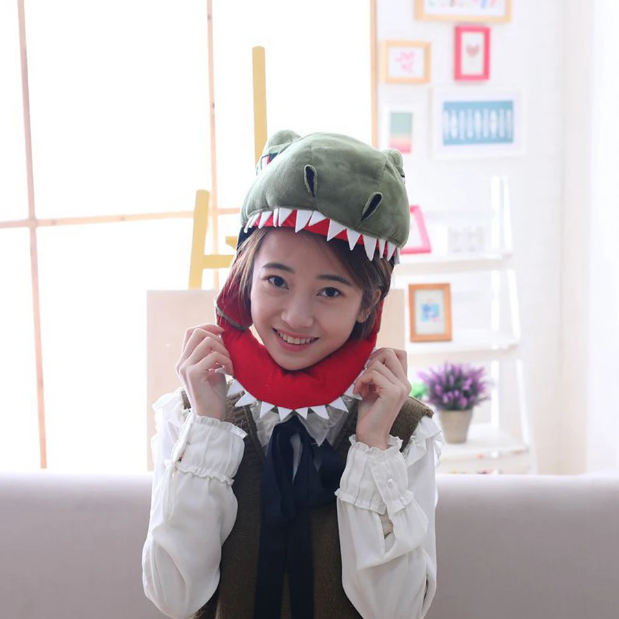 Funny Cosplay Animal Dinosaur Head Cover Headwear Throw Pillow Plush Hat Costume Party Halloween Home Sofa Decor Ornament Props