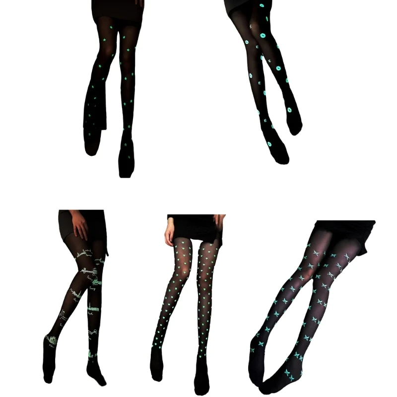 

Women Sexy Luminous High Waist Silky Tights Shimmering Glow in the Dark Pantyhose with Unique Pattern Fashion Clubwear