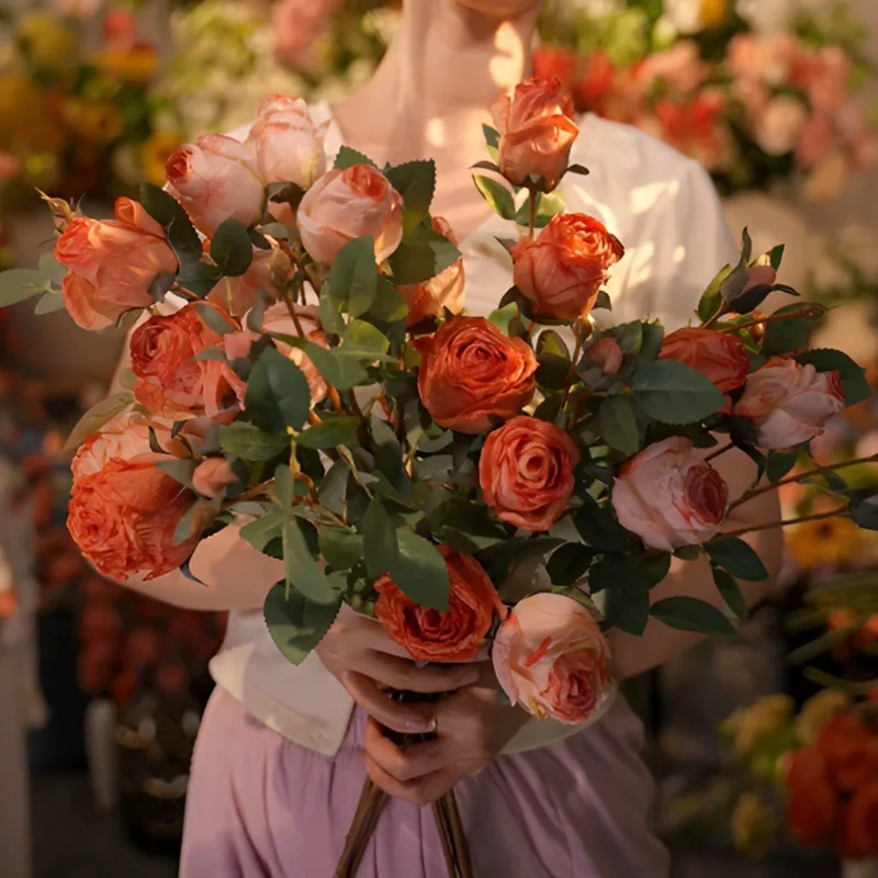 Vintage Burnt Edge Silk Rose Bouquet - Chic Artificial Flowers