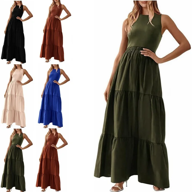

Women Solid Color Sleeveless Dress Elegant O-Neck Causal Dress Comfortable Cross-border Pocket Long Dress vestidos de fiesta
