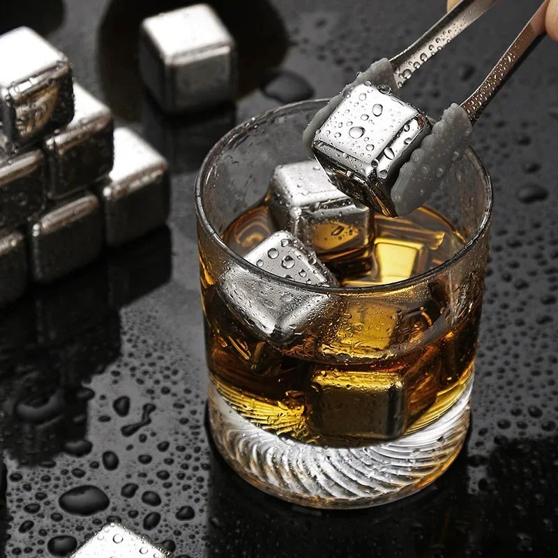 6 Piece Whiskey Ice Cubes Set Silicone Head Tongs Ice Cube Trays Stainless Steel Cubes Reusable