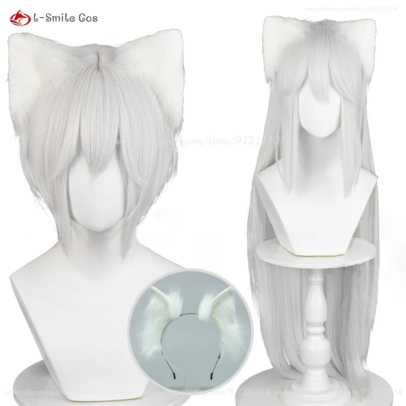 Tomoe Cosplay Perücke Silberweiß Unisex Anime Wig Hitzebeständig mit Ohren 2