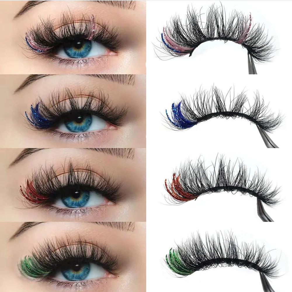 

3D Colored Lashes Glitter Mink False Eyelashes Extension Supplies 5D Pink Blue Fluffy Cruelty Free Lash Wholesale Bulk makeup