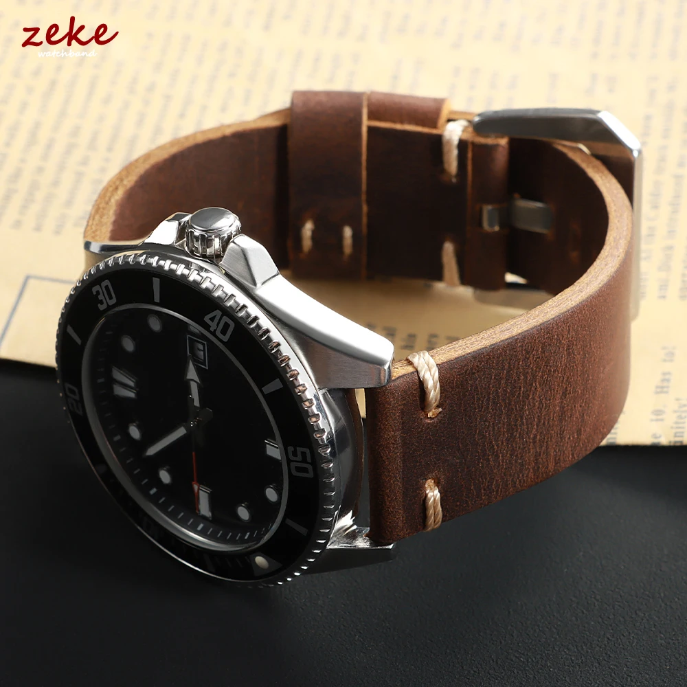 Vintage Genuine Leather Cowhide Watch Band - Soft Stitching Crazy Horse Calfskin Bracelet