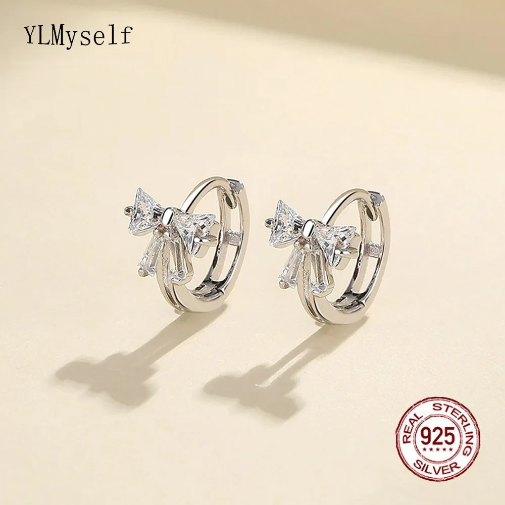 

Solid Silver Hoop Earring Pave Shiny Cubic zircon Stone Rhodium Plating 925 Sterling Silver Bow Cute Earrings