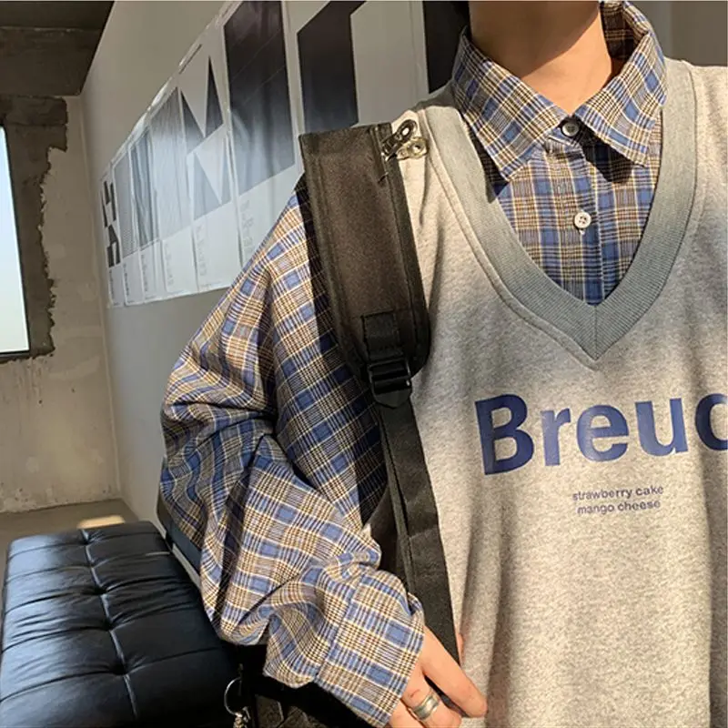 Hong Kong Style Ins Fake Two Sweaters Men's Spring and Autumn Loose Plaid Shirt Jacket Korean Version Chaopai Students' Clothes
