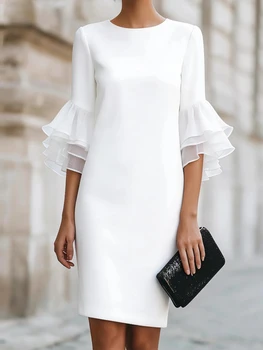 2026 Elegant Party Dress Ladies Fashion O-neck Flared Sleeve Commuting Dress Summer Temperament Solid Color Midi Dress Vestidos 1