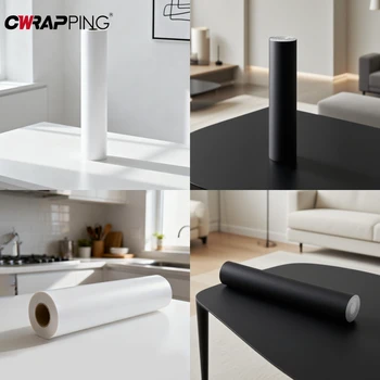 วอลเปเปอร์แบบมีกาวในตัว สีดำด้าน สีขาว สติ๊กเกอร์ติดผนังแบบลอกออกได้ ฟิล์มไวนิลกันน้ำ กระดาษติดผนังสำหรับเคาน์เตอร์ครัว 1