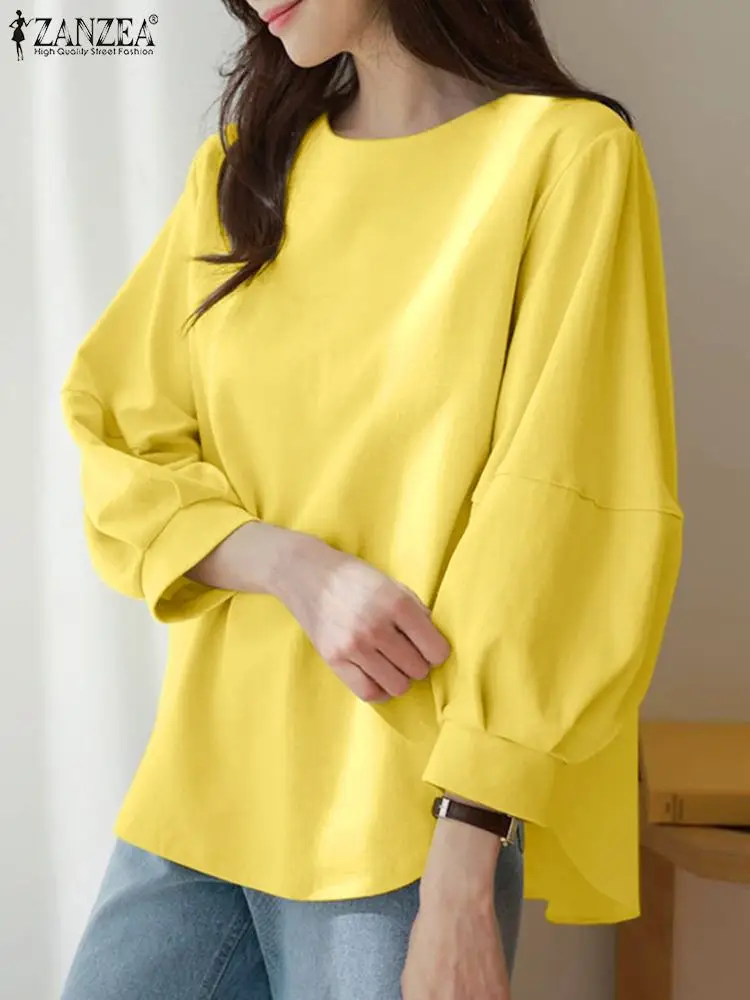 

ZANZEA Casual Loose Round Neck Tops Women Lantern Sleeve Sweatshirts Leisure Asymmetrical Hem Pullover Korean Fashion Solid Tops