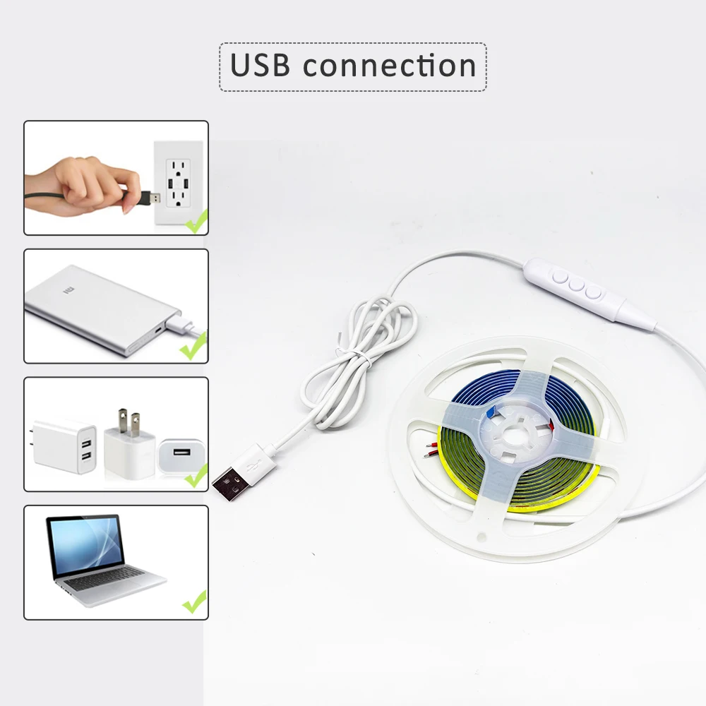 5V USB COB LED 스트립 라이트 320Leds/M 디밍 스위치 포함 따뜻한 자연 백색 3000K 4500K 6500K 유연한 라이트 벨트 홈 데코용