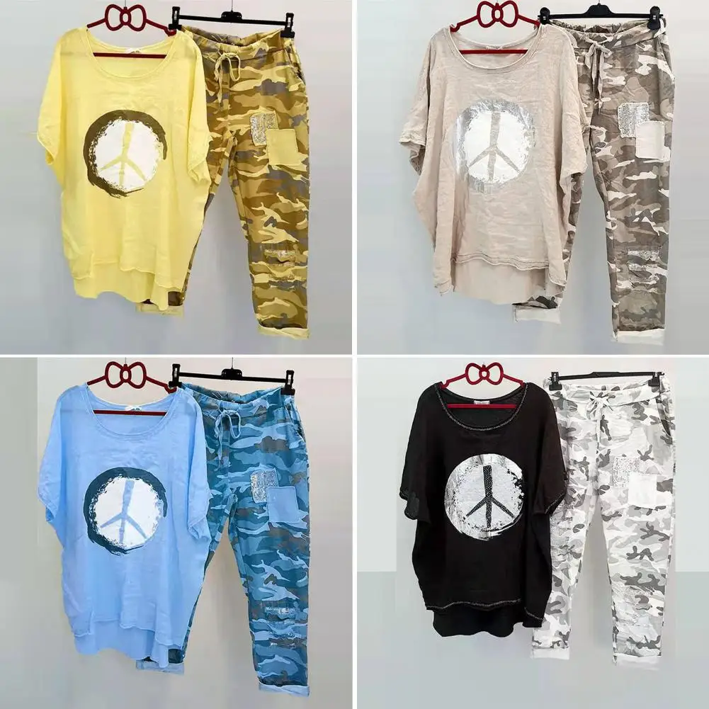 1 Set Stylish Women Blouse Pants Summer T-shirt Pants Camo Print Relaxed Fit Crew Neck T-shirt Pants  Loose