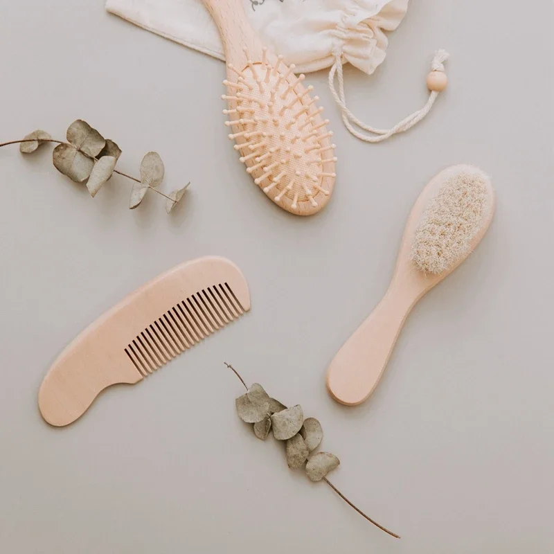 Newborn Hair Brush Pure Natural Wool Baby Beech Wooden Brush Hair Comb Massage Sets for Kids Care Grooming Tools hair brush comb baby hair comb