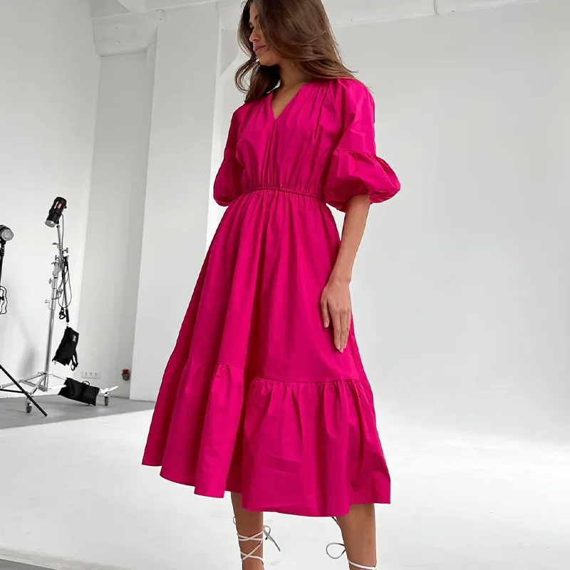 

Womens Summer Mid Length Dress Solid Color Puff Half Sleeve V-Neck Elastic Waist Fashion Dress Club Street Style Hot SummerDress