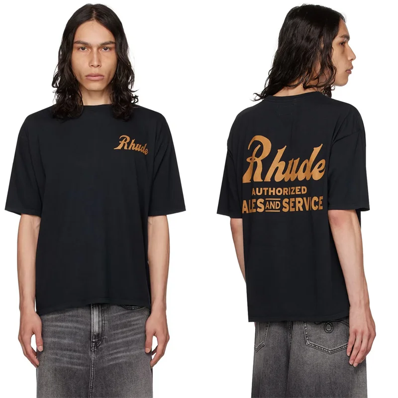 

RHUDE Cotton T-shirt Large Letter Banner Printed Round Neck Extra Large Black and White Short Sleeve