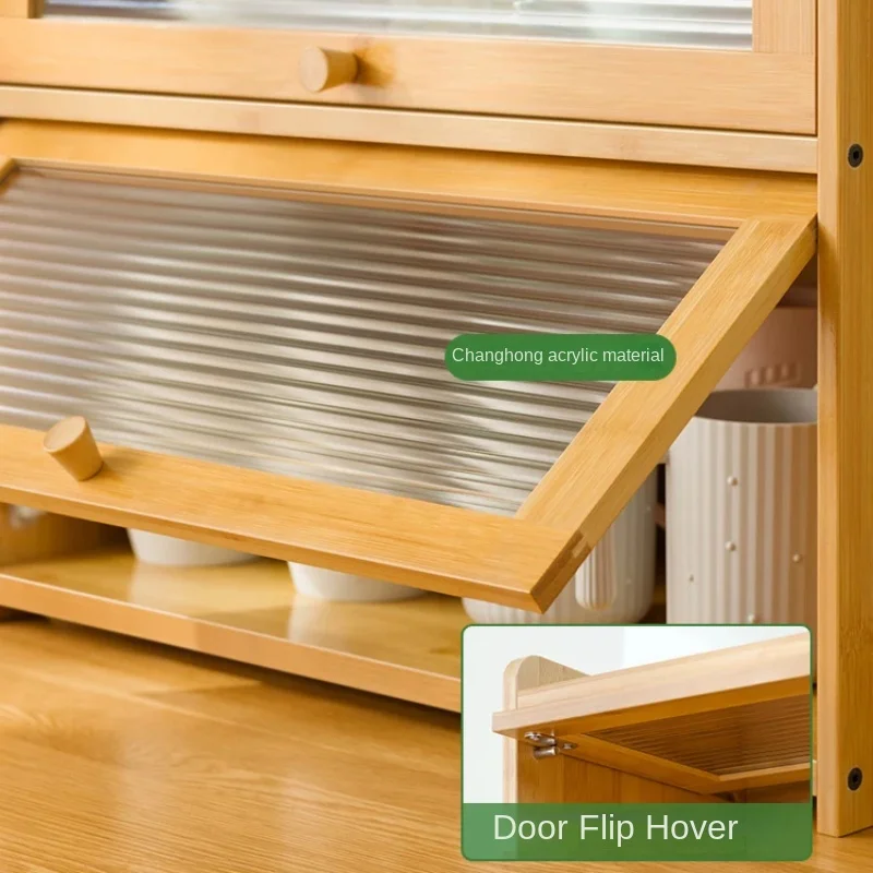 Natural Bamboo Storage Cabinets Dustproof Acrylic Doors Cup Holder Tea Set Display Kitchen Organizer Dining Room