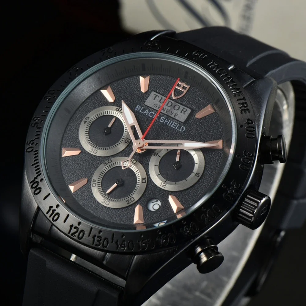 Tudor Black Shield Series Cinturino In Pelle Da Uomo Tre Occhi Orologio Al Quarzo Di Lusso Alla Moda Non Meccanico Orologio Aaa