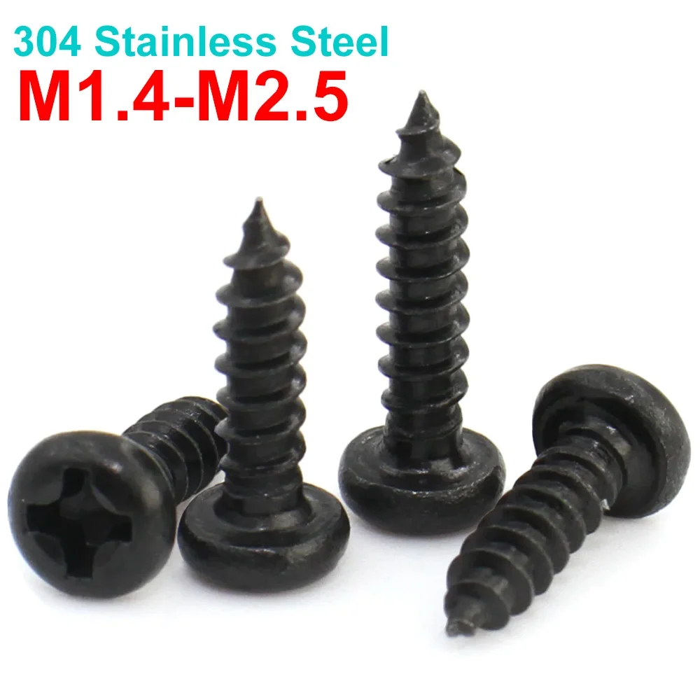 

100pcs M1.4 M1.7 M2 M2.2 M2.5 Black Small Mini 304 Stainless Steel Cross Phillips Pan Round Head Self-tapping Wood Screw