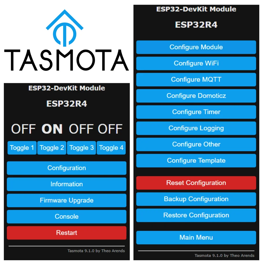 Basic Smart Home controller. WiFi, Bluetooth. Input/Output. TASMOTA firmware. MQTT protocol. Compatible Home Assistant. ESP32