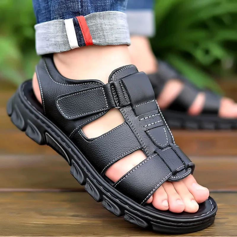 Genuine Leather Men Sandals Male Summer Outdoor Casual Cowhide Beach Shoes Men's Slippers Zapatos Hombre Chaussure Homme leather sandals summer sandals