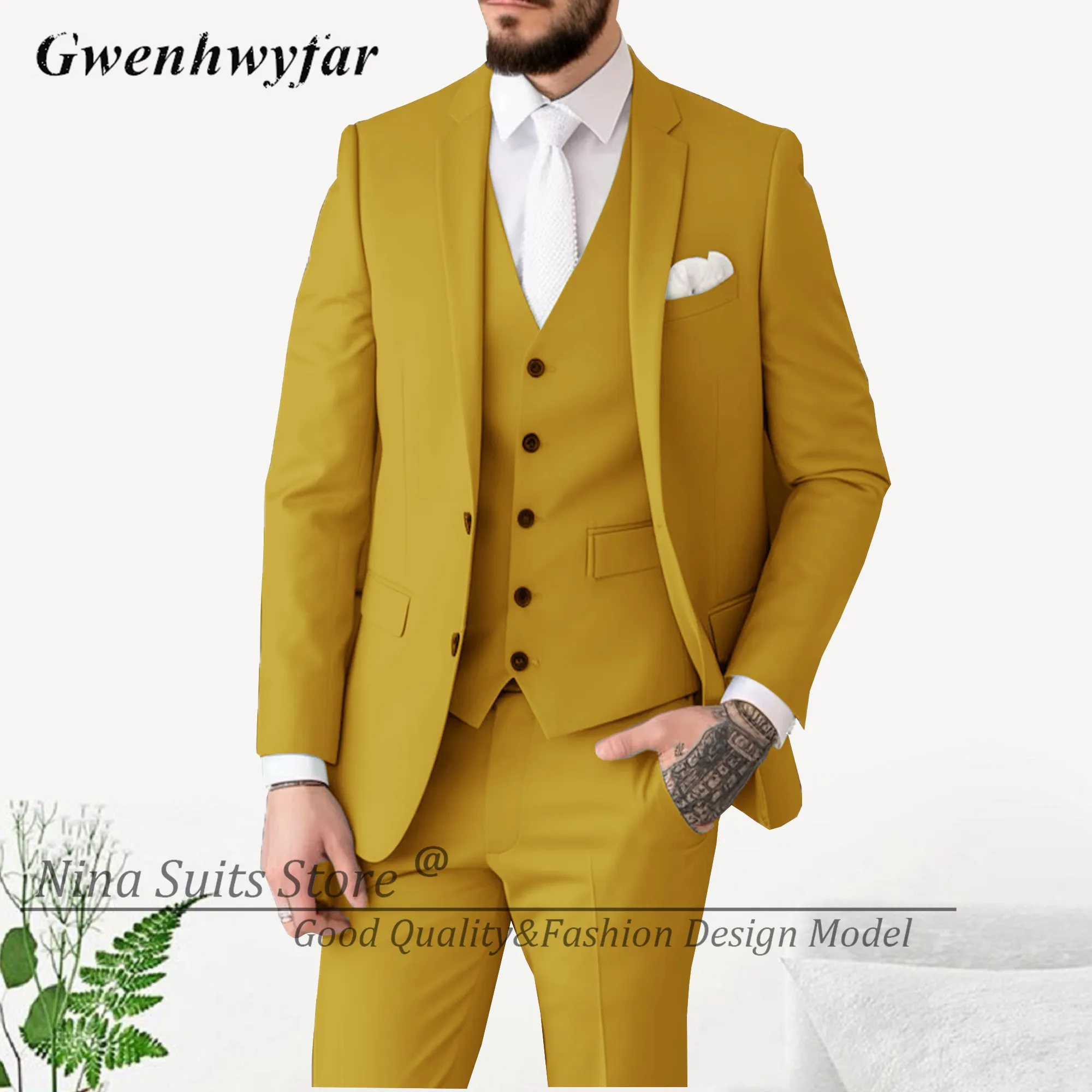 Men Two Button Suits Blazer Casual Style Business Notch Lapel Office Jacket Pant Vest Party Costume