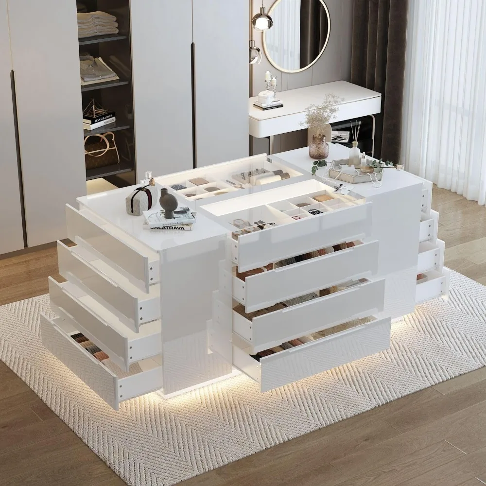 Armoire Bedroom Island Wardrobe Closet Island w/ 16 Drawers & Glass Tabletop,Island Dresser with Jewelry Organizer,Closet Island 3