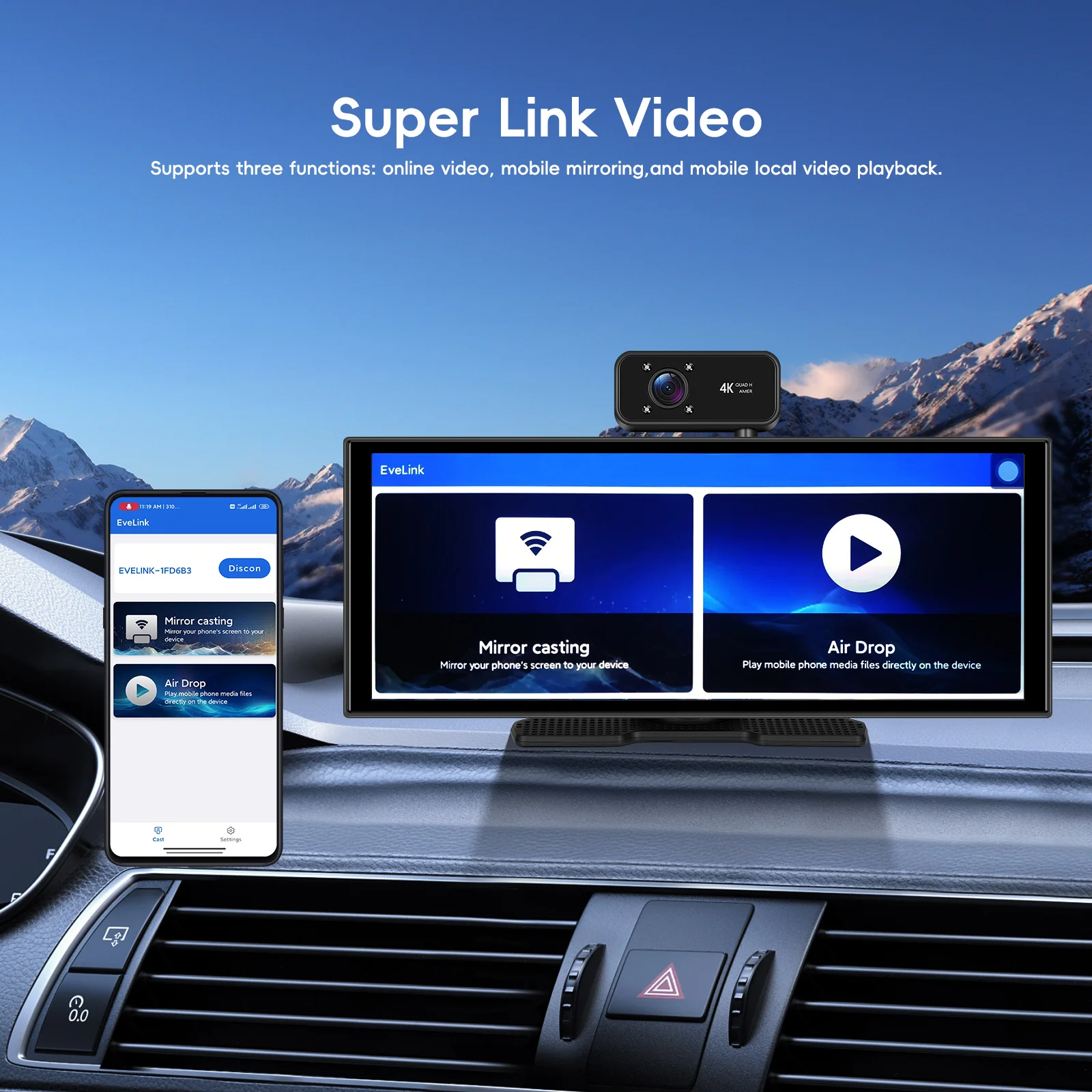 Podofo 10,25'' Auto-Multimediaplayer CarPlay Android Auto WIFI Airplay GPS Auto-Monitor 4K Frontkamera DVR 4K für Autos und LKWs – Detail 12
