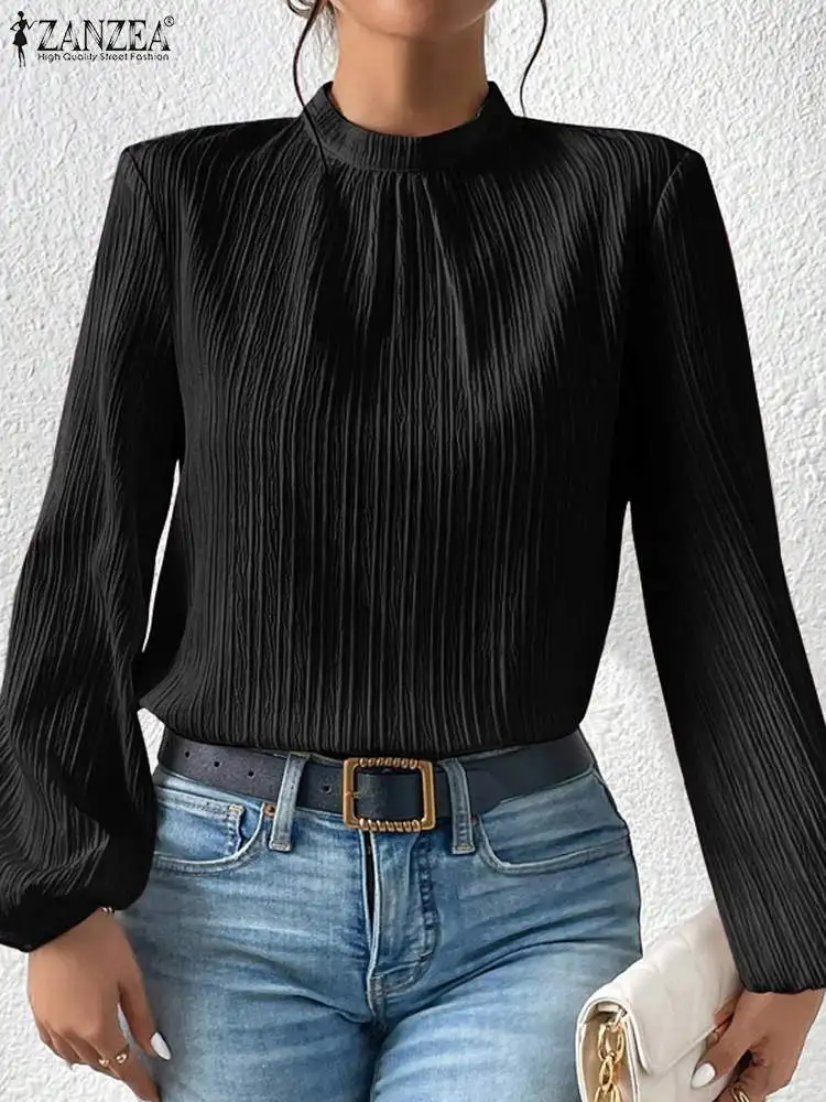 

2023 ZANZEA Fashion Puff Sleeve Blouse Female Casual Stand Collar Chemise Woman Elegant Solid Shirt Autumn OL Work Blusas Mujer
