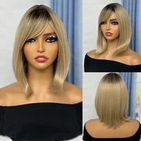 Synthetic Gradient Straight Bob Wig With Bangs Dark Roots Blonde Straight Short Wig Machine Made Gradient Straight Bangs Wig