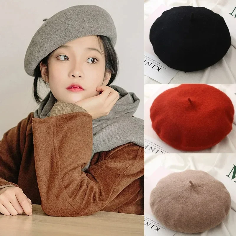 Women Colorful Wool Berets French Artist Style Warm Winter Hat Retro Plain Beret Solid Color Elegant Lady All Matched Autumn Cap