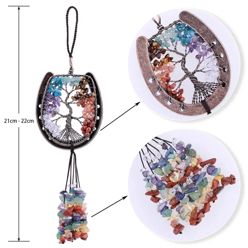 Natural Crystal Horseshoe Tree of Life Hanging Ornament For Car Rear View Mirror Crystal Wall Hanger for Window Home Decoration