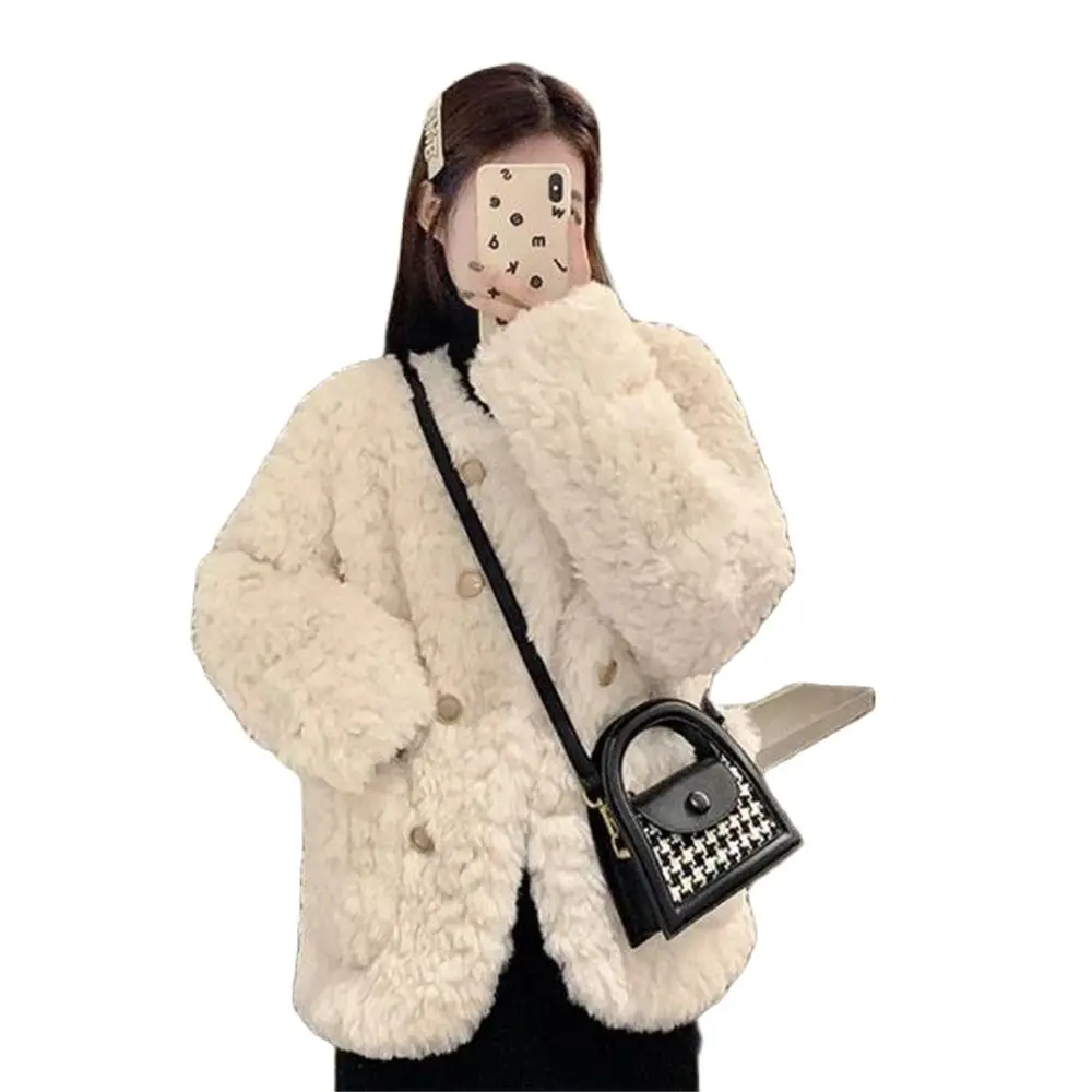 

Women's Loose Furry Coat with Pockets Korean Style Lamb Wool Jackets Ladies Fashion Streetwear Plush Outerwear New All-Match