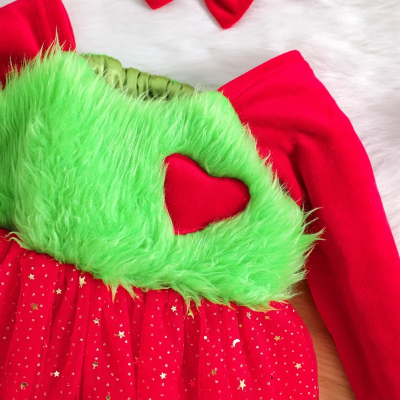 

Baby Girls Christmas Romper Dress 2Pcs Long Sleeve Bodysuit Tulle Dress with Headband Set Xmas Santa Baby Outfit