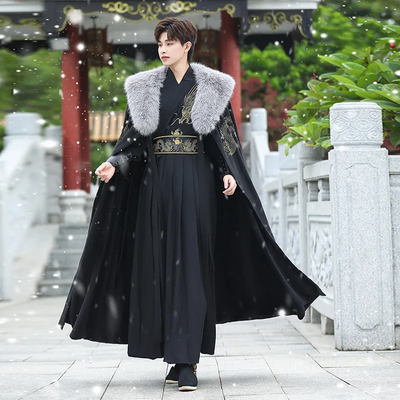 

Black Hanfu Men Set Ancient Style Ming Dynasty 2023 Winter New Imitation Fox Fur Collar Cloak Boys Chinese Traditional Clothes