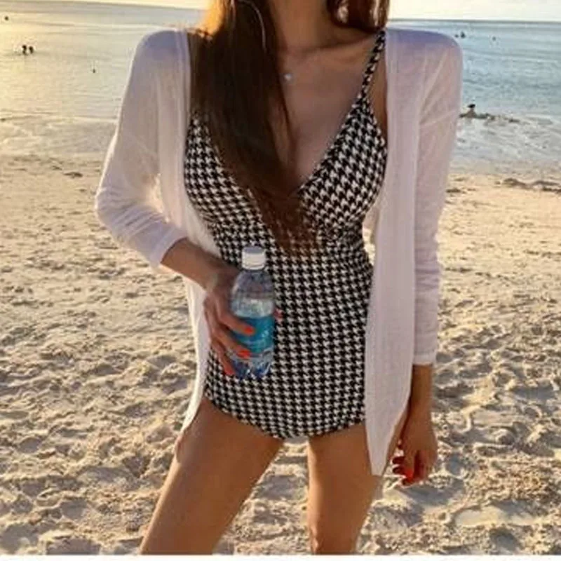 2023 Sexy Conjoined Body Women's Clothing Sleeveless Sling Slimming Backless Fashion Plaid Printed Hot Spring Vacation Swimwears